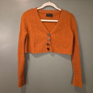 Urban Outfitters Women's Cropped Ribbed Knit Button Up Cardigan, Size S, Orange